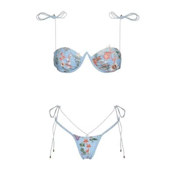 Light blue bikini with floral patterns and string ties.