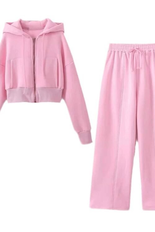 Casual Comfort Set in pink featuring a cropped hoodie and wide-leg pants.
