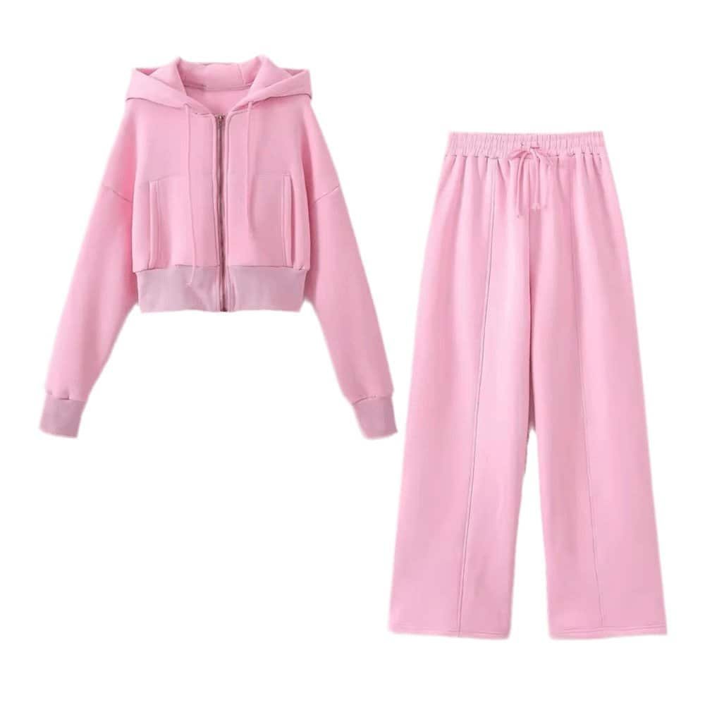Casual Comfort Set in pink featuring a cropped hoodie and wide-leg pants.