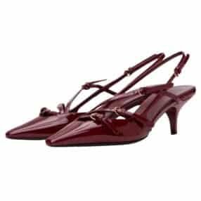 Crimson Chic Slingbacks in glossy burgundy patent leather with gold buckles and kitten heel.