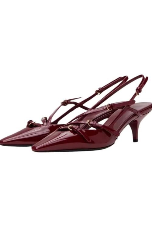 Crimson Chic Slingbacks in glossy burgundy patent leather with gold buckles and kitten heel.