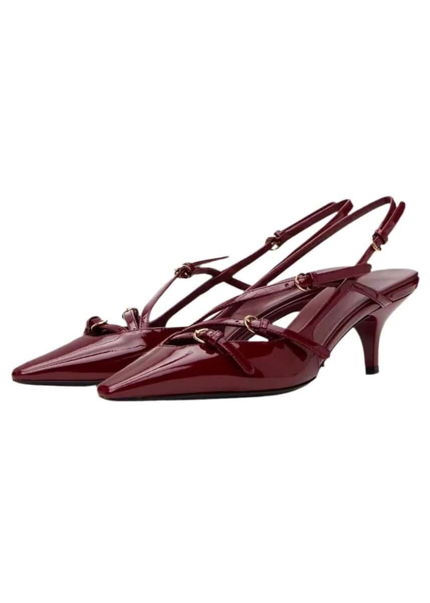Crimson Chic Slingbacks in glossy burgundy patent leather with gold buckles and kitten heel.