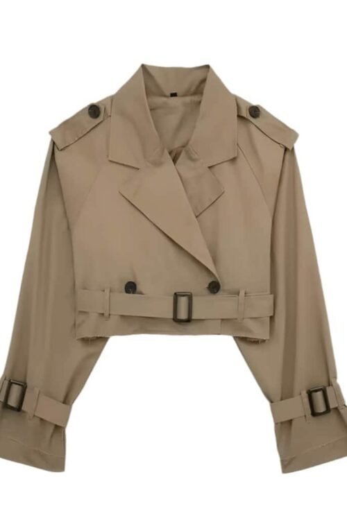 Cropped trench coat with broad lapel collar, shoulder epaulets, and belted waist, made from water-repellent cotton blend.