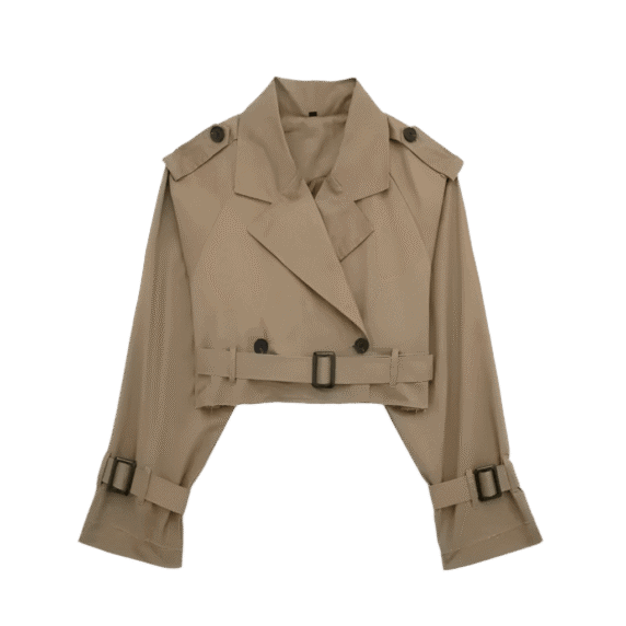 Cropped trench coat with broad lapel collar, shoulder epaulets, and belted waist, made from water-repellent cotton blend.