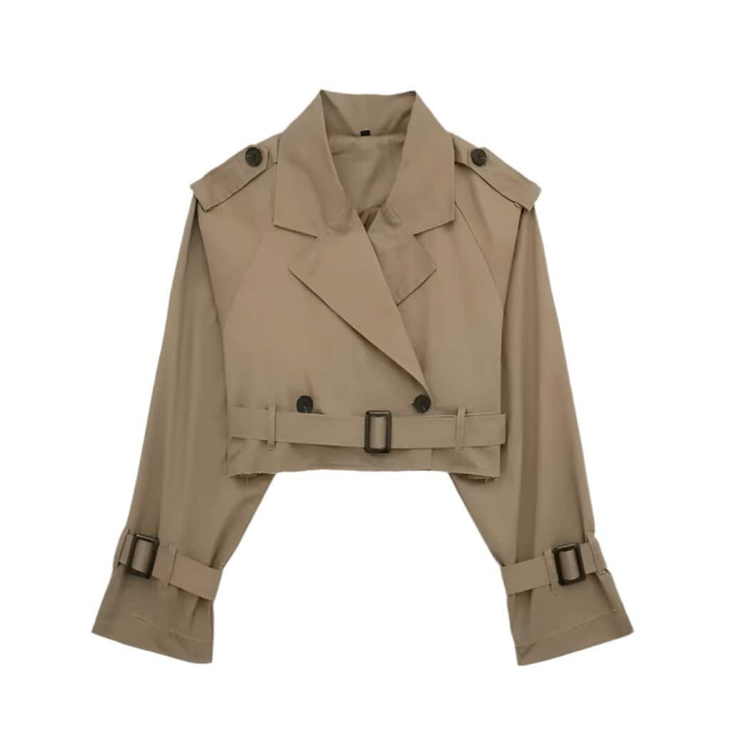 Cropped trench coat with broad lapel collar, shoulder epaulets, and belted waist, made from water-repellent cotton blend.