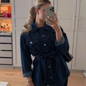 Dark Elegance Denim Set featuring a belted jacket and high-waist jeans in dark wash for a stylish, modern look.