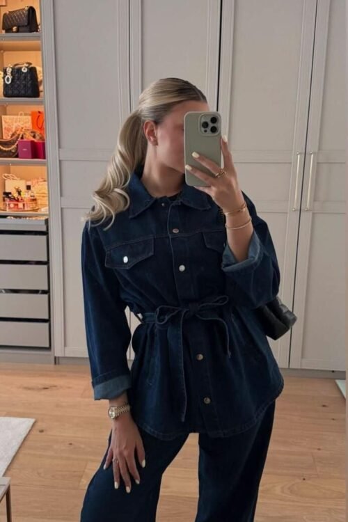 Dark Elegance Denim Set featuring a belted jacket and high-waist jeans in dark wash for a stylish, modern look.