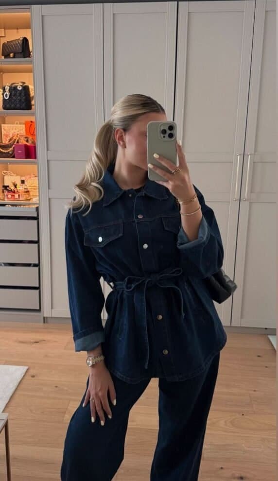 Dark Elegance Denim Set featuring a belted jacket and high-waist jeans in dark wash for a stylish, modern look.