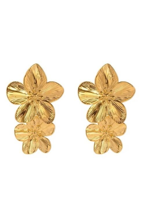 Double Golden Orchid earrings with triple flower design in gold-plated stainless steel.