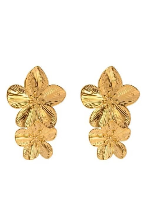 Double Golden Orchid earrings with triple flower design in gold-plated stainless steel.