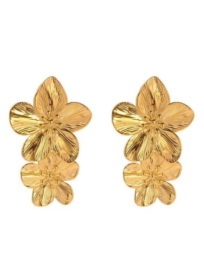 Double Golden Orchid earrings with triple flower design in gold-plated stainless steel.