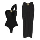 Asymmetrical red swimsuit and wrap skirt with gold embellishments, Elegance Beach Set.