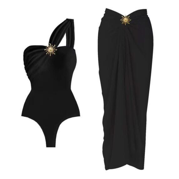 Asymmetrical red swimsuit and wrap skirt with gold embellishments, Elegance Beach Set.