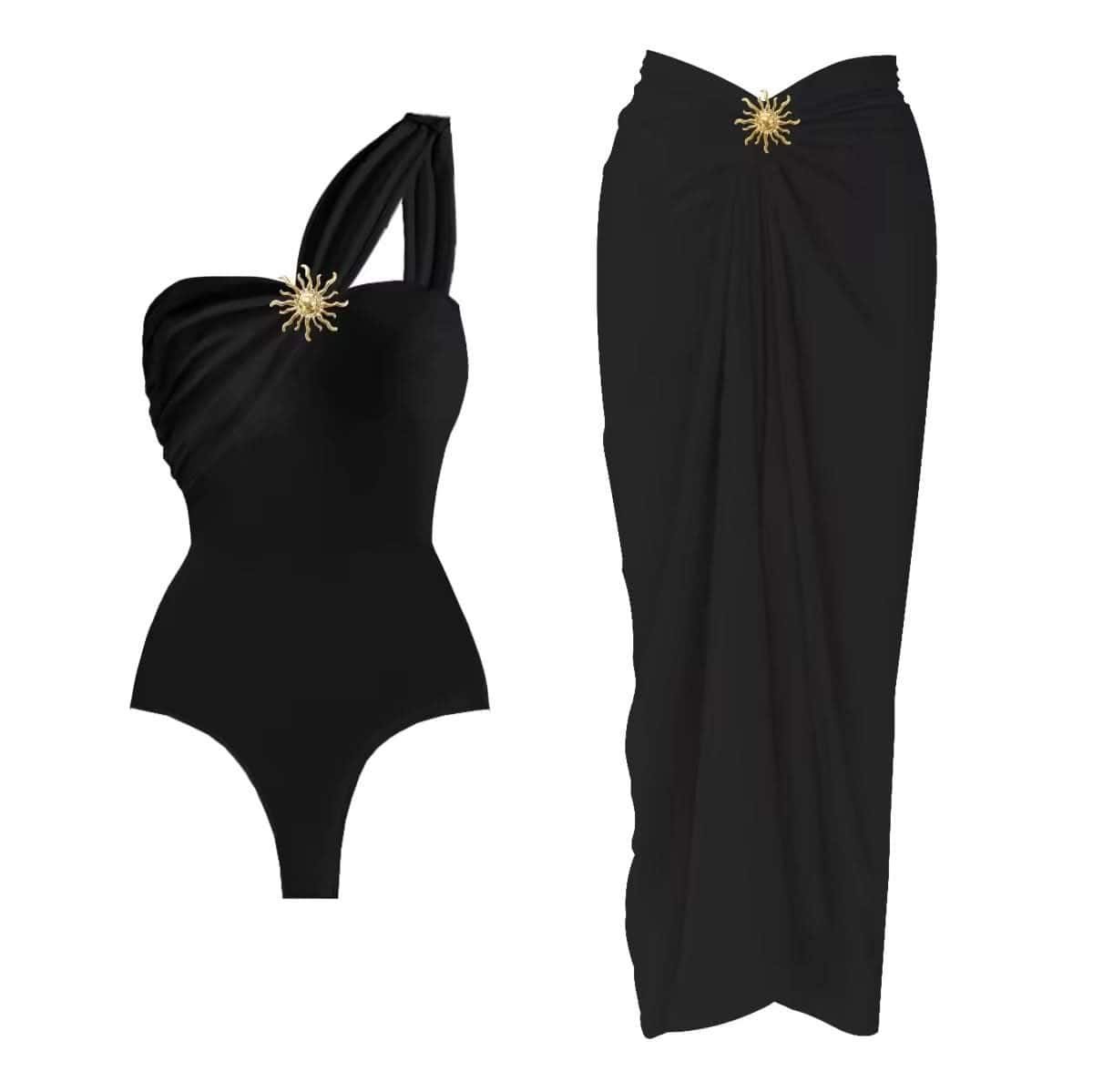 Asymmetrical red swimsuit and wrap skirt with gold embellishments, Elegance Beach Set.