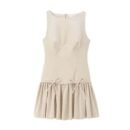 Elegant beige dress with ruffled hem and bow details from Elegance Flare.