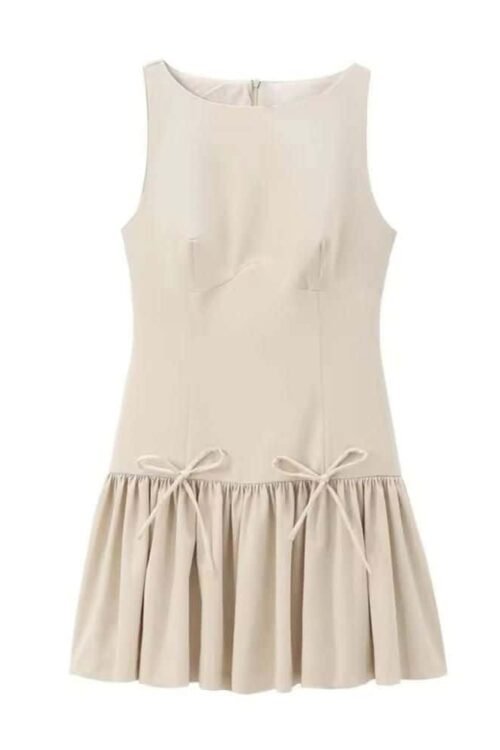 Elegant beige dress with ruffled hem and bow details from Elegance Flare.