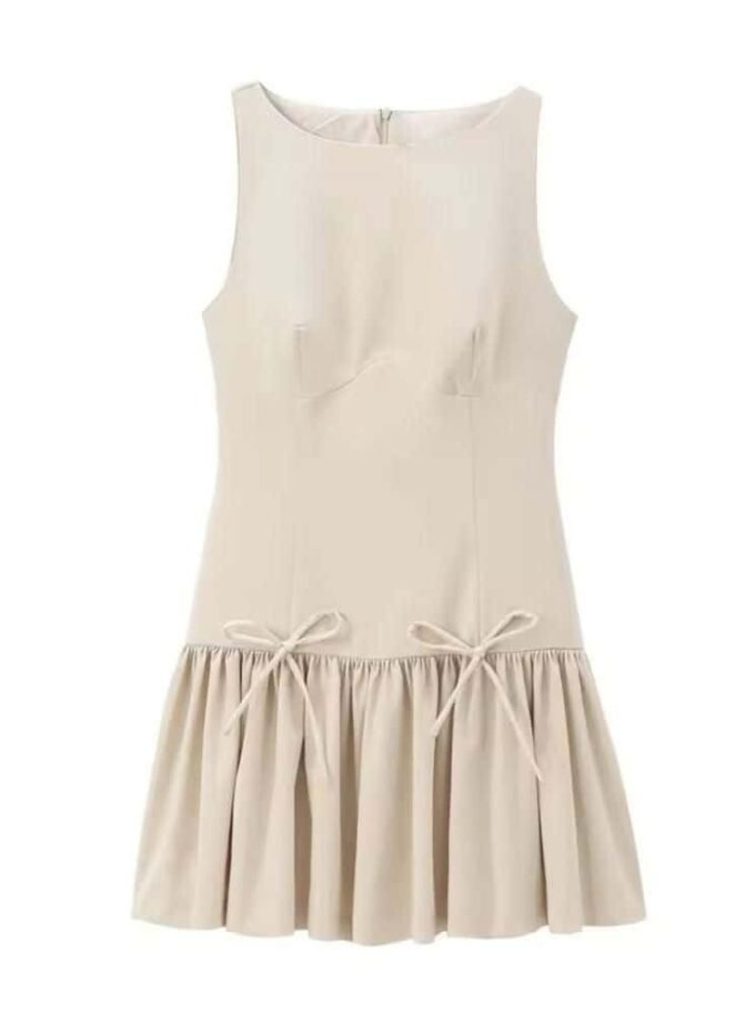 Elegant beige dress with ruffled hem and bow details from Elegance Flare.