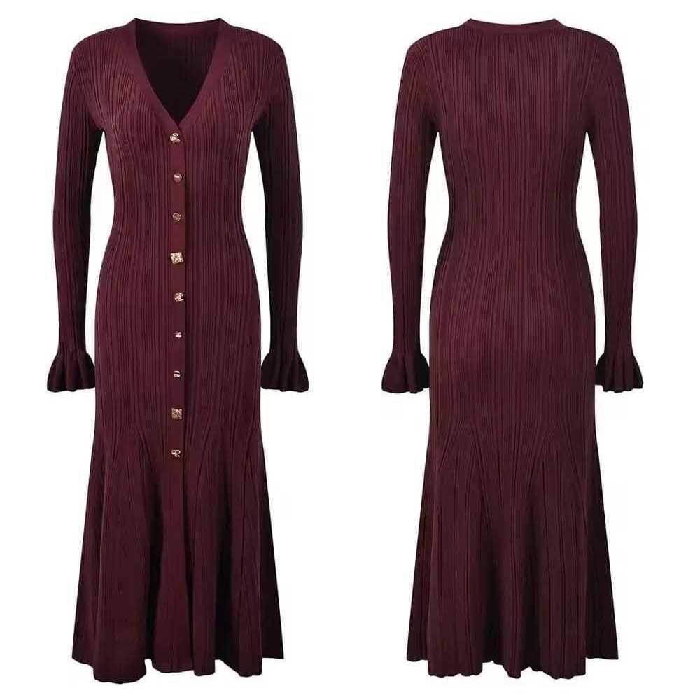 Elegance Knit Dress with button placket and flared hem, featuring a ribbed texture and V-neck.