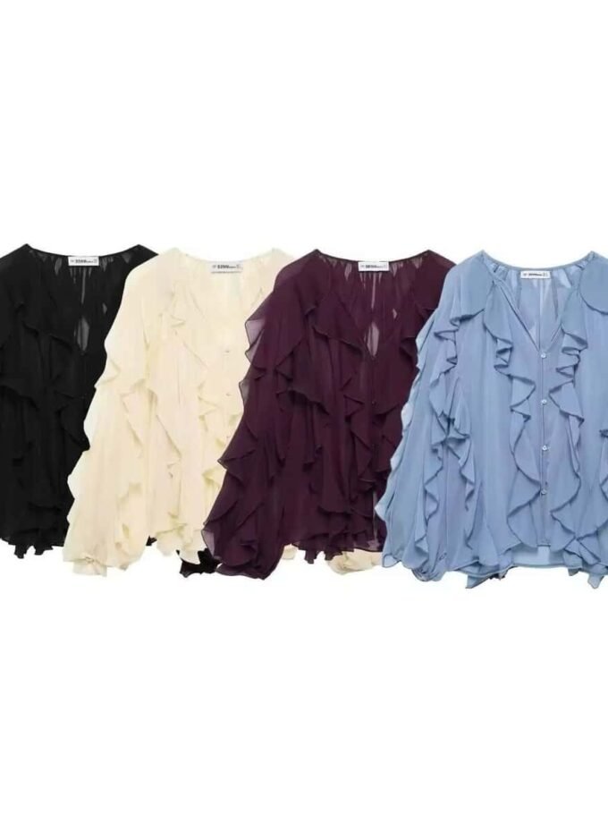 Elegante Chiffon Bluse mit verspielten Rüschen – Damenmode