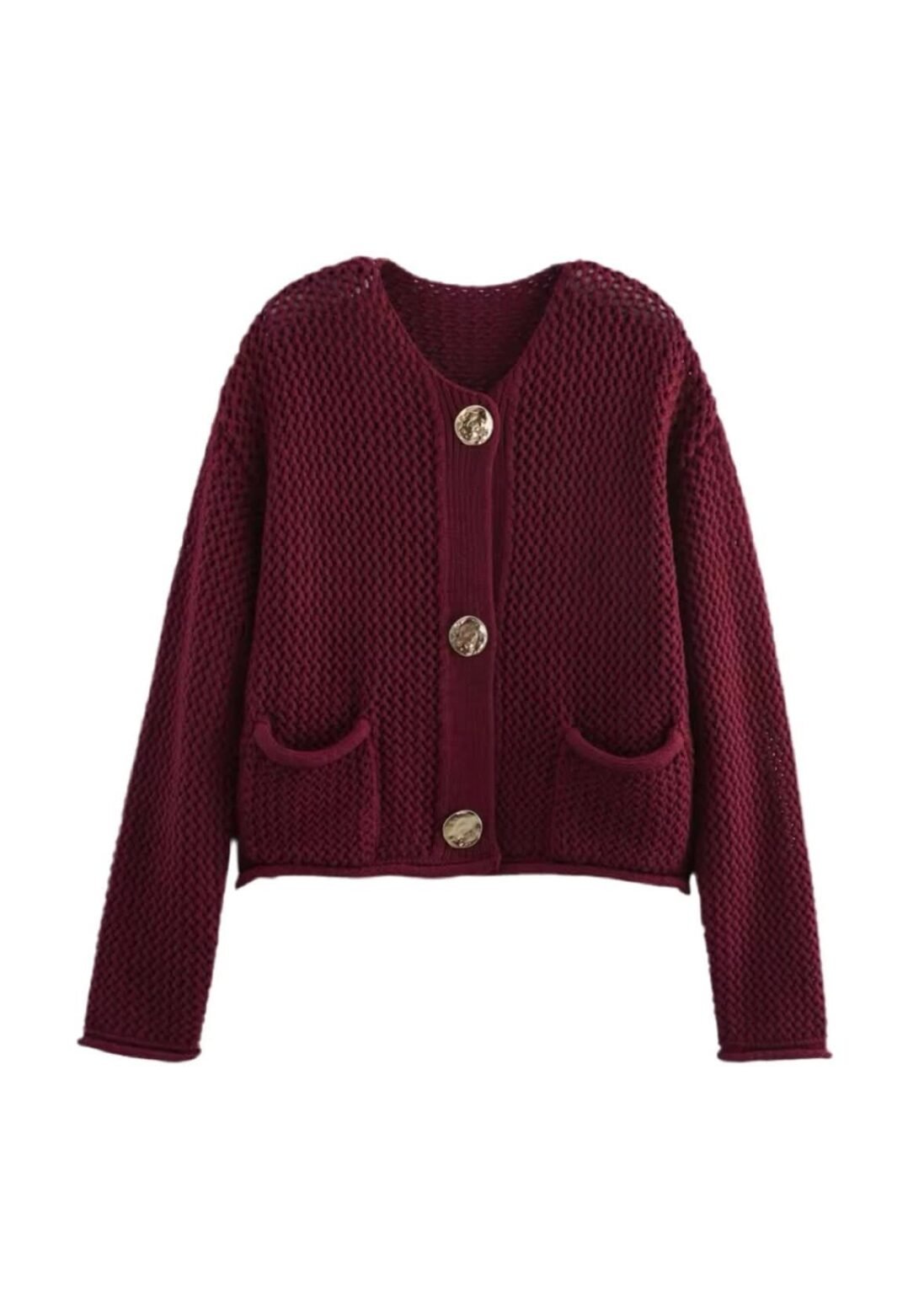 Emily Cozy Knit cardigan in maroon with large buttons and front pockets.
