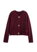 Emily Cozy Knit cardigan in maroon with large buttons and front pockets.