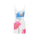Flora Bloom Slip Dress with hand-painted floral print, adjustable spaghetti straps, and mini-length.
