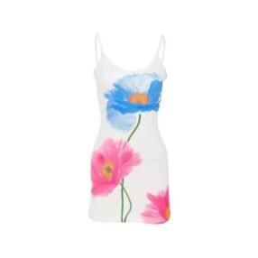 Flora Bloom Slip Dress with hand-painted floral print, adjustable spaghetti straps, and mini-length.
