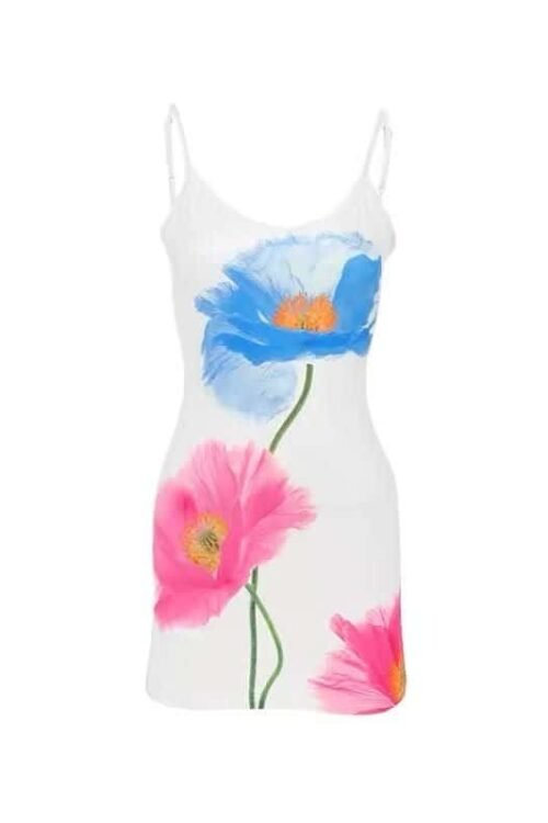 Flora Bloom Slip Dress with hand-painted floral print, adjustable spaghetti straps, and mini-length.