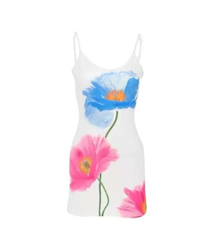 Flora Bloom Slip Dress with hand-painted floral print, adjustable spaghetti straps, and mini-length.