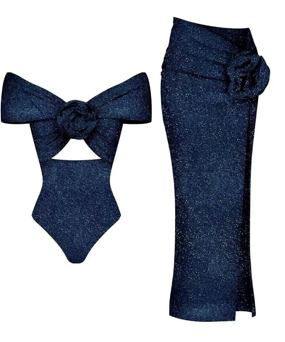 Glimmer wave glamorous swim set with artistic bow and rosette details.