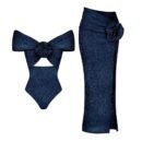 Glimmer wave glamorous swim set with artistic bow and rosette details.