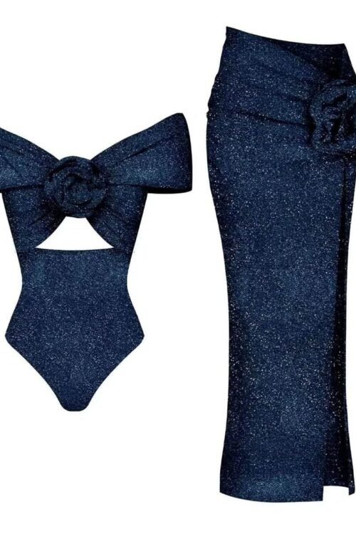 Glimmer wave glamorous swim set with artistic bow and rosette details.