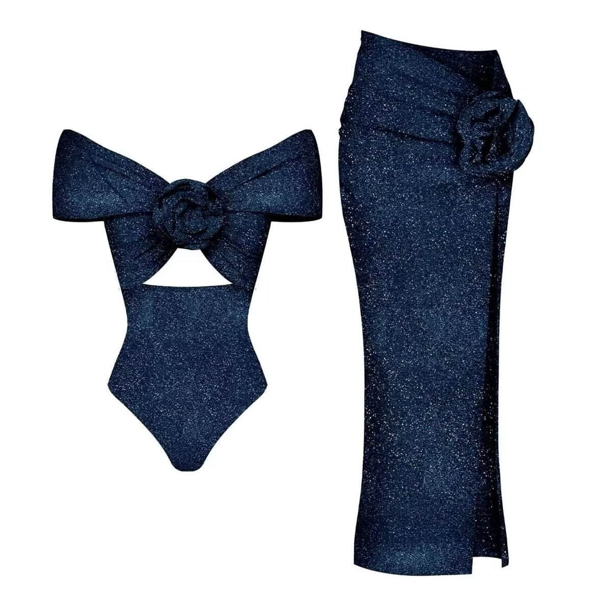 Glimmer wave glamorous swim set with artistic bow and rosette details.