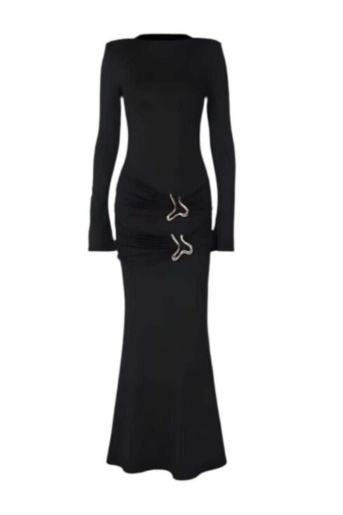 Golden Hour Gown, black, bodycon dress with gold waist details, elegant and timeless style.