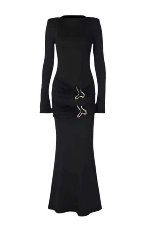 Golden Hour Gown, black, bodycon dress with gold waist details, elegant and timeless style.