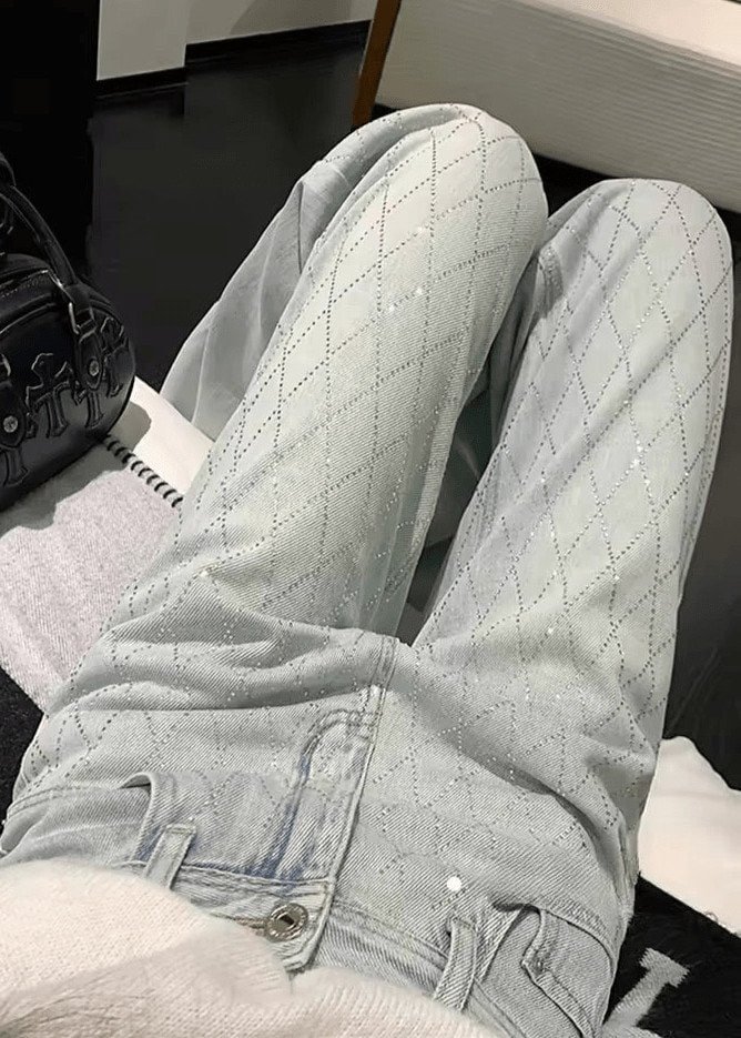 Stylish light blue denim with rhinestone accents and subtle diamond pattern, Luxe Crystal Denim.