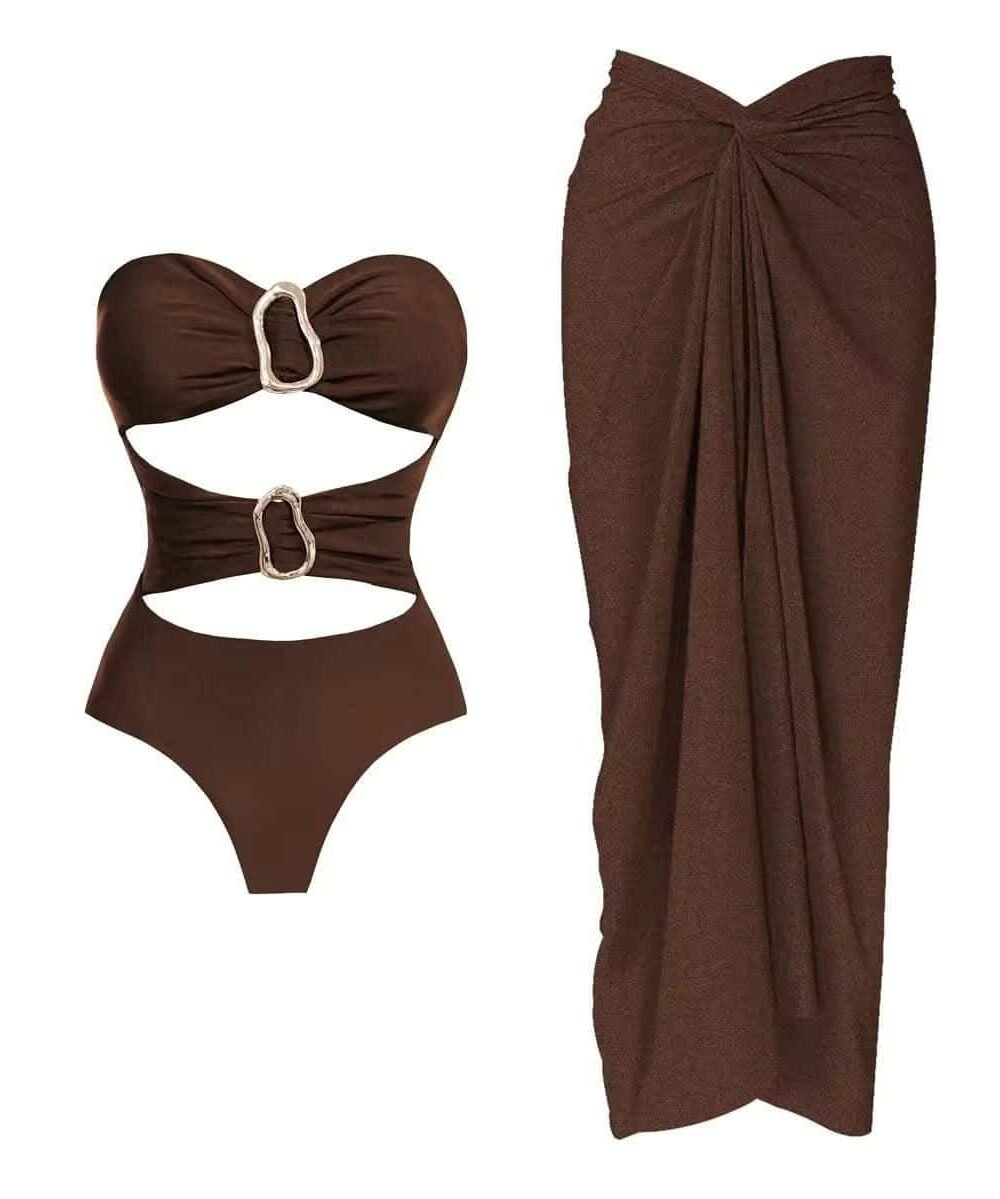 Luxury cut-out swimsuit in chocolate brown with gold accents, high-quality nylon-spandex mix for optimal fit.