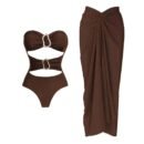 Luxury cut-out swimsuit in chocolate brown with gold accents, high-quality nylon-spandex mix for optimal fit.