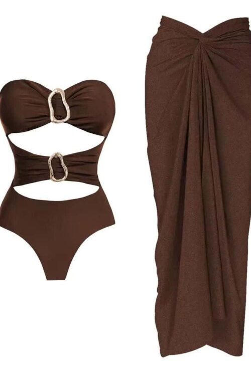 Luxury cut-out swimsuit in chocolate brown with gold accents, high-quality nylon-spandex mix for optimal fit.