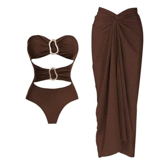 Luxury cut-out swimsuit in chocolate brown with gold accents, high-quality nylon-spandex mix for optimal fit.