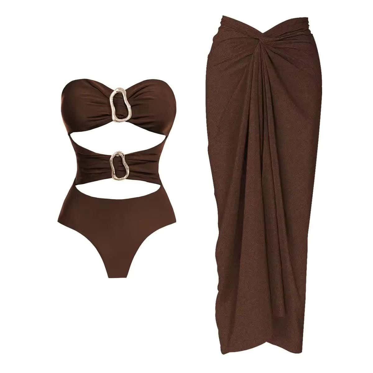 Luxury cut-out swimsuit in chocolate brown with gold accents, high-quality nylon-spandex mix for optimal fit.