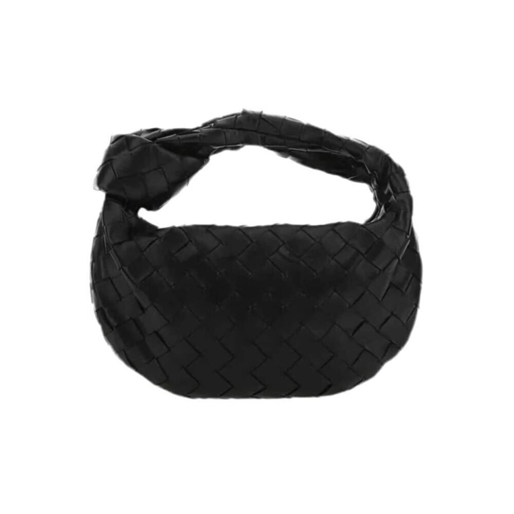 Mini woven bag in black vegan leather with grid details and silver hardware.