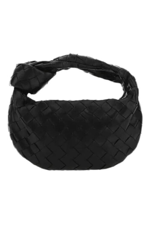 Mini woven bag in black vegan leather with grid details and silver hardware.