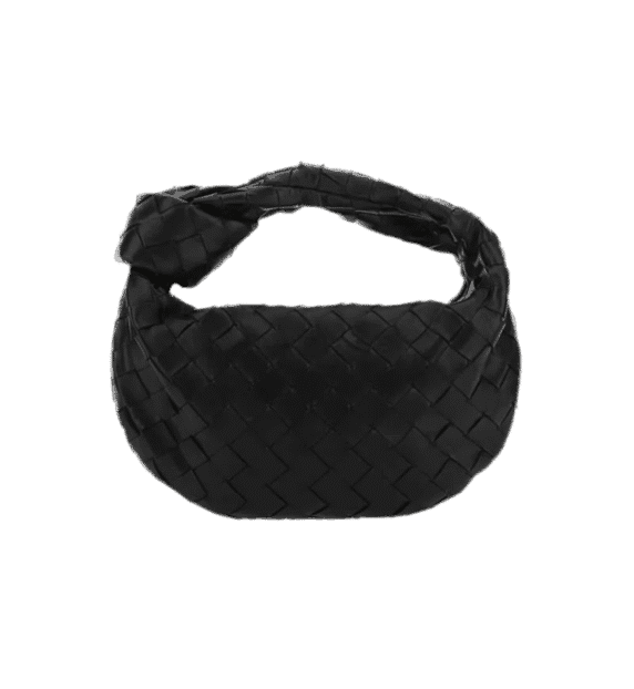 Mini woven bag in black vegan leather with grid details and silver hardware.
