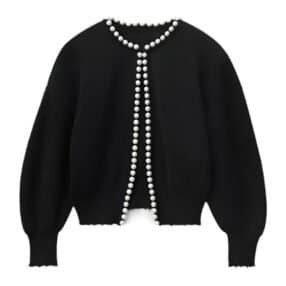 Luxurious black cardigan with pearl trim along collar and button placket.