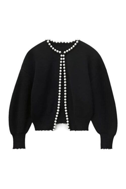 Luxurious black cardigan with pearl trim along collar and button placket.