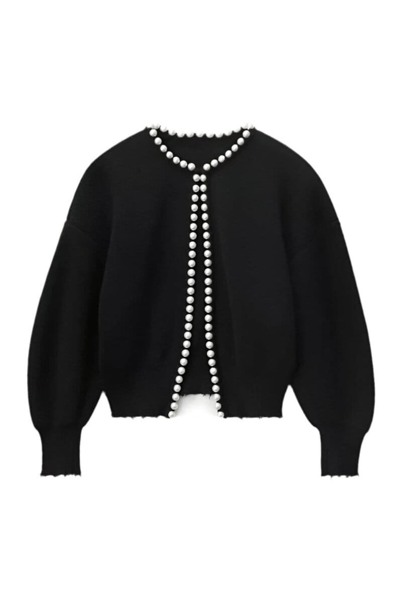 Luxurious black cardigan with pearl trim along collar and button placket.