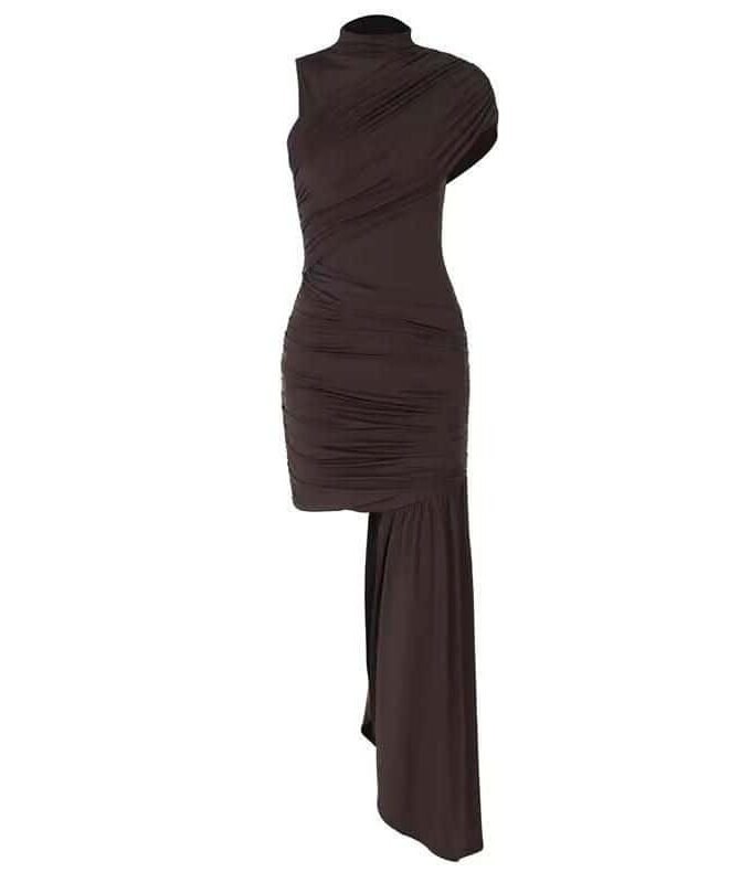 Ravanna Mini Dress with asymmetrical design and elegant drape detail.