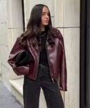 Elegant oversized burgundy leather jacket, premium faux leather, stylish finish.