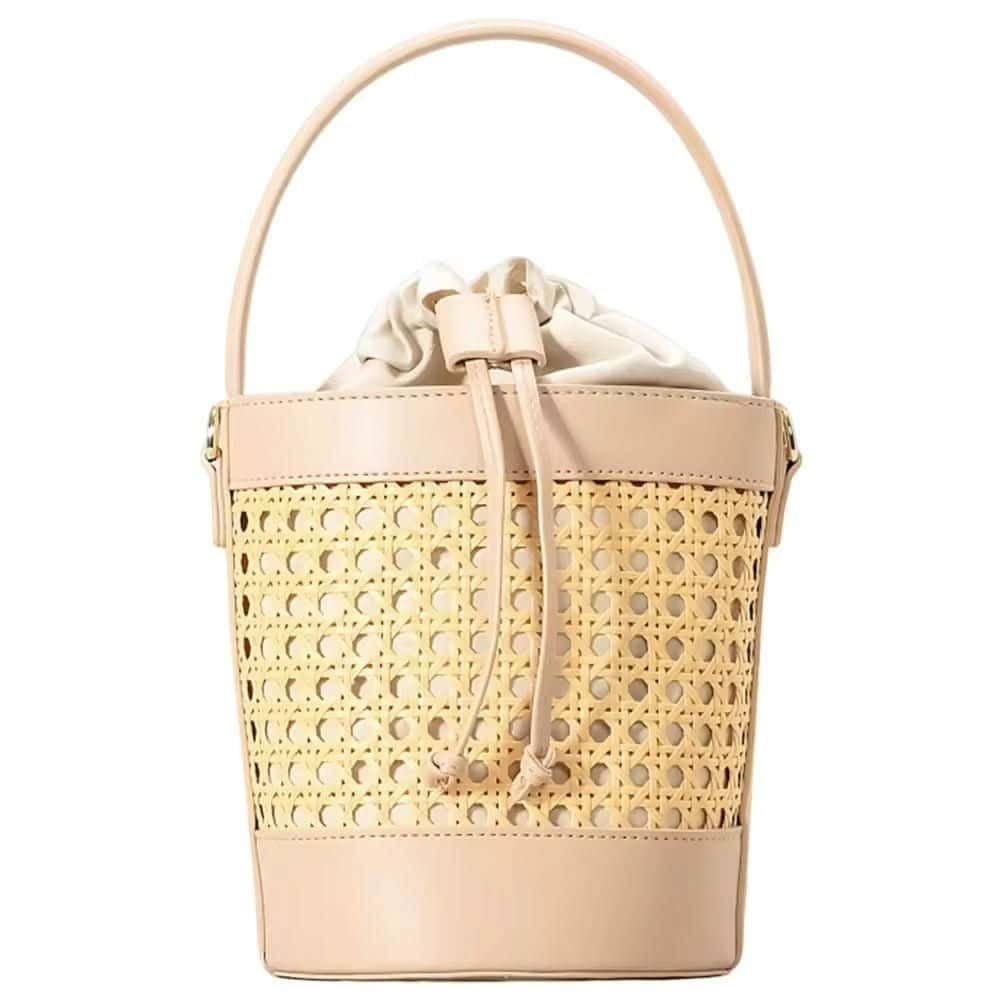 Woven beige and cream Tasche with drawstring closure.